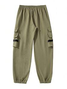 Pantalones cargo casuales para hombres con dobladillo con cordón, multibolsillos, pantalones ligeros y texturizados 3/4 para senderismo - Verde militar - Ver 2