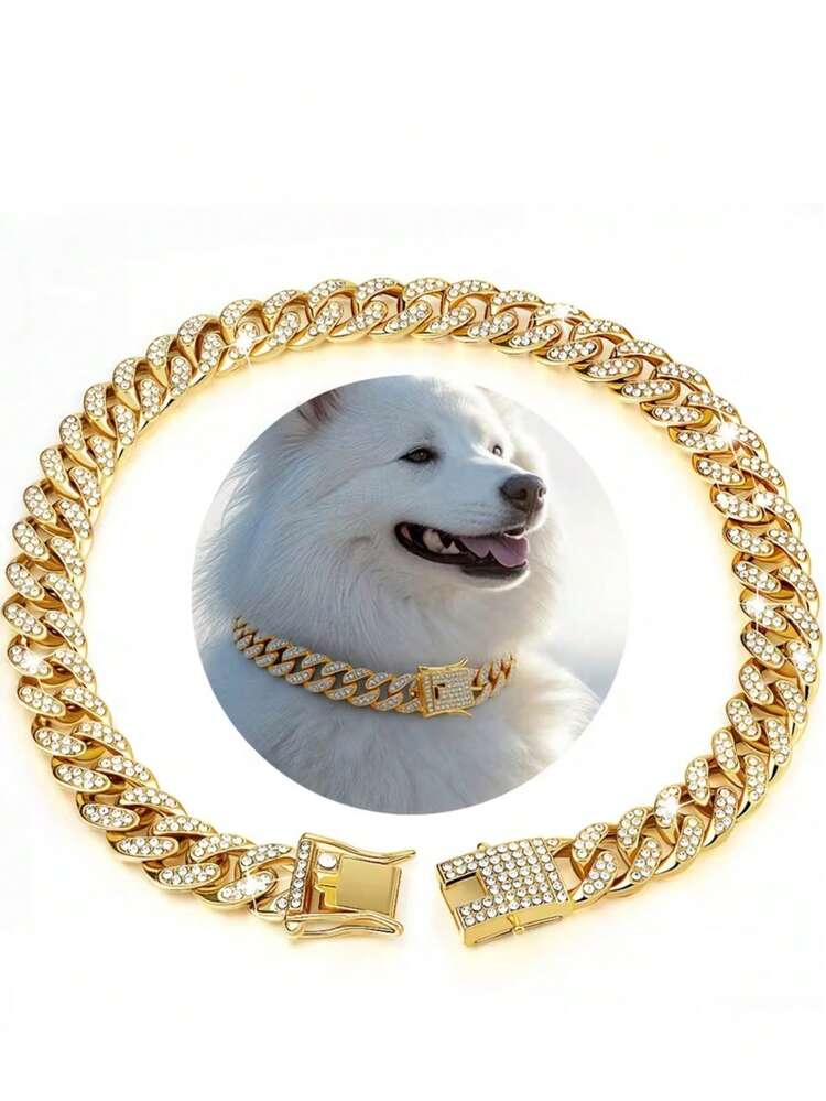 1 pieza Cadena cubana con brillo para mascotas - Collar elegante de declaración para perros, accesorio de moda metálico para mascotas - Multicolor - Añade 13