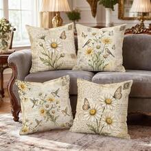 4 pièces Housses de coussin décoratives vintage avec fleurs de marguerite et oiseaux, style lettrage usé, convient pour le salon, le canapé, la chambre à coucher, décoration de style campagnard - Jaune clair - Voir 7