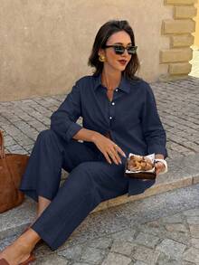 PoPoHouse 女士两件套 - 纯色棉质休闲优雅长袖衬衫搭配宽松阔腿裤，适合通勤、休闲旅行、情人节、春夏日常穿着 - 藏蓝色 - 查看 9