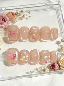 10pcs Handmade Wearable Nail Stickers, Japanese Nude Transparent False Nails, Heart Rhinestone Nail Art Decals, Removable & Reusable Whitening Nail Stickers - Multicolor - View 10