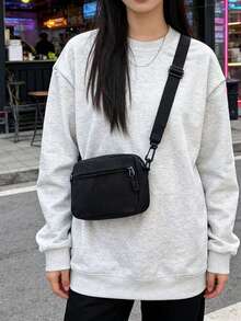 Bolso de cintura de lona de unicolor, estilo minimalista casual, bolso cruzado versátil para correr y deportes, bolso de pecho multifuncional de moda para mujer con bolsillo para teléfono - Negro - Ver 5