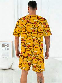 Plus Size Men's Pajama Set | Round Neck Short Sleeve Top And Elastic Waist Casual Shorts, 2 Piece Set | Polyester Knit Fabric, Soft And Breathable, Loose And Comfortable | Cute Little Duck Pattern Print, Casual Design - Yellow - View 5