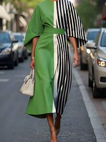 Green & Black Stripe Color Block Midi Dress Women - Cape Sleeve Belted Office Dress - màu xanh lá - Xem 2