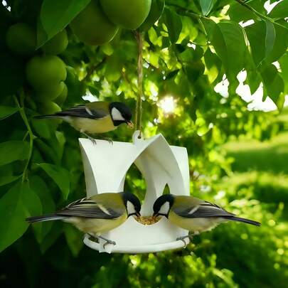 这款小型喂鸟器非常实用，带有顶棚，可遮风挡雨，底部设有排水孔，适合放置在庭院或户外，是麻雀、蜂鸟等小型鸟类的理想选择，轻巧易清洁。