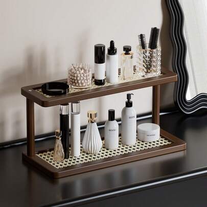 Bamboo Woven Cosmetic Storage Rack, Double-Layer Bamboo Organizer - Easy Assembly, Minimalist Style For Bathroom, Bar, Kitchen Counter, Office, Living Room, Space-Saving, Perfume & Makeup Organizer - Sturdy Bamboo Design, Elegant Craftsmanship, Multi-Purpose Shelving