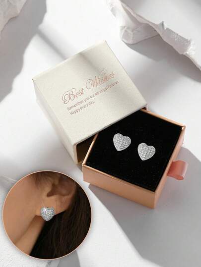 1 Pair Elegant Cubic Zirconia Heart Stud Earrings, Romantic Jewelry For Women Party & Formal Occasions, Made Of Copper Alloy, Non-Fading And Hypoallergenic, Ideal Gift