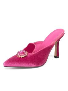 Women's Retro Velvet High Heel Mules, Rhinestone Square Buckle Pointed Toe Elegant Backless Stiletto Shoes - Hot Pink - View 9