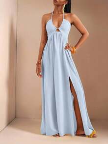 New Spring And Summer Casual Holiday Halter Neck Strapless Bust, Waist And Back A Swing Skirt With High Slit On The Front To The Thigh, Yellow Sea Stripe Women's Extra Long Dress-B Baby Blue Dress,Sun Dresses For Women - trái cam - Xem 11