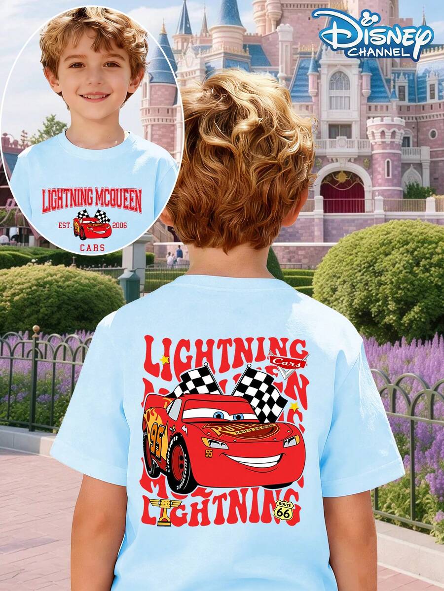 Disney Boys' T-Shirts, Cartoon Cars, 95 Racing Prints, Text, Cartoons, Animations, Summer Casual Outdoor Games, Boys' Round Neck Short Sleeves, Easter Tops, New School Clothes, Boys' Street Outfits, Easter New Clothes - Baby Blue - View 1