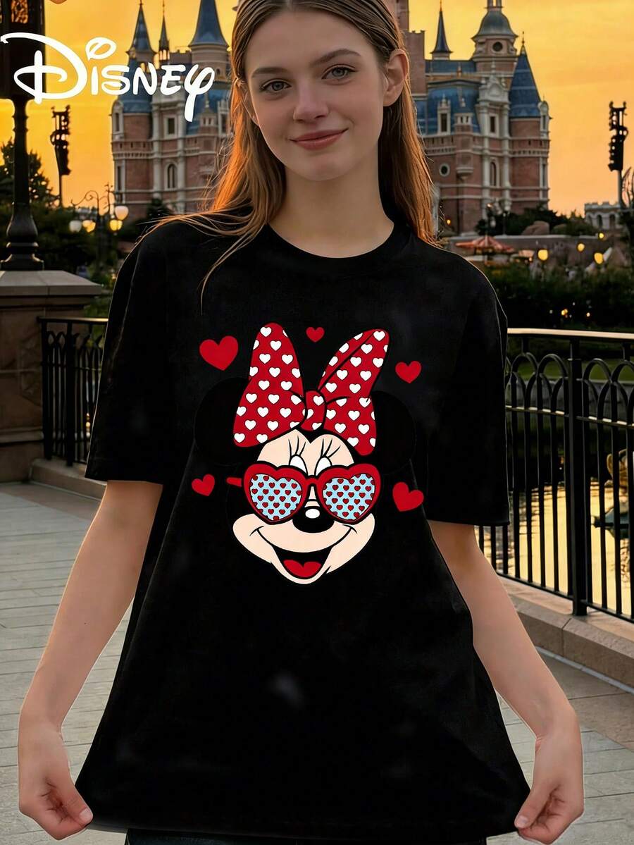 Disney Women's Casual Cotton Minnie Mouse Heart Print Short Sleeve Round Neck T-Shirt - màu đen - Xem 1