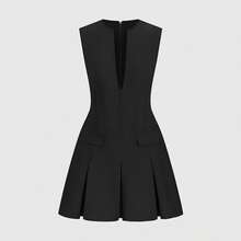 新款优雅性感V领镂空迷你连衣裙，梭织面料，仿口袋设计，适合晚宴约会、度假、正式场合、生日派对、单身派对、返校、机场穿搭，春夏黑色 - 黑色 - 查看 4