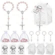 银色、金色搭配粉色，120 件/套洗礼礼品包装，包括 30 个迷你玫瑰洗礼礼品包装、30 个束口硬纱布袋、30 张牛皮纸感谢标签和 30 份适用于洗礼派对、生日和婚礼的礼品。 - 查看 9