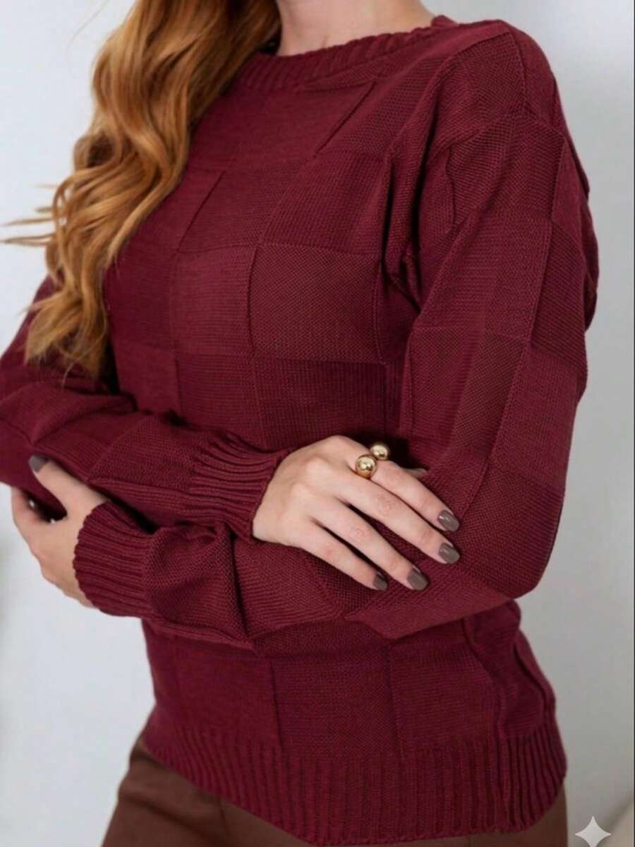 Women's Winter Knit Sweater, Boho Style, Square Knit, Elegant, Simple, Casual, Wool-Like Fabric, Textured Knit, Suitable For Evenings, Holidays, Weddings, Offices, Street Wear, Travel, Brunch, Autumn/Winter. - 紅木色 - 查看 1