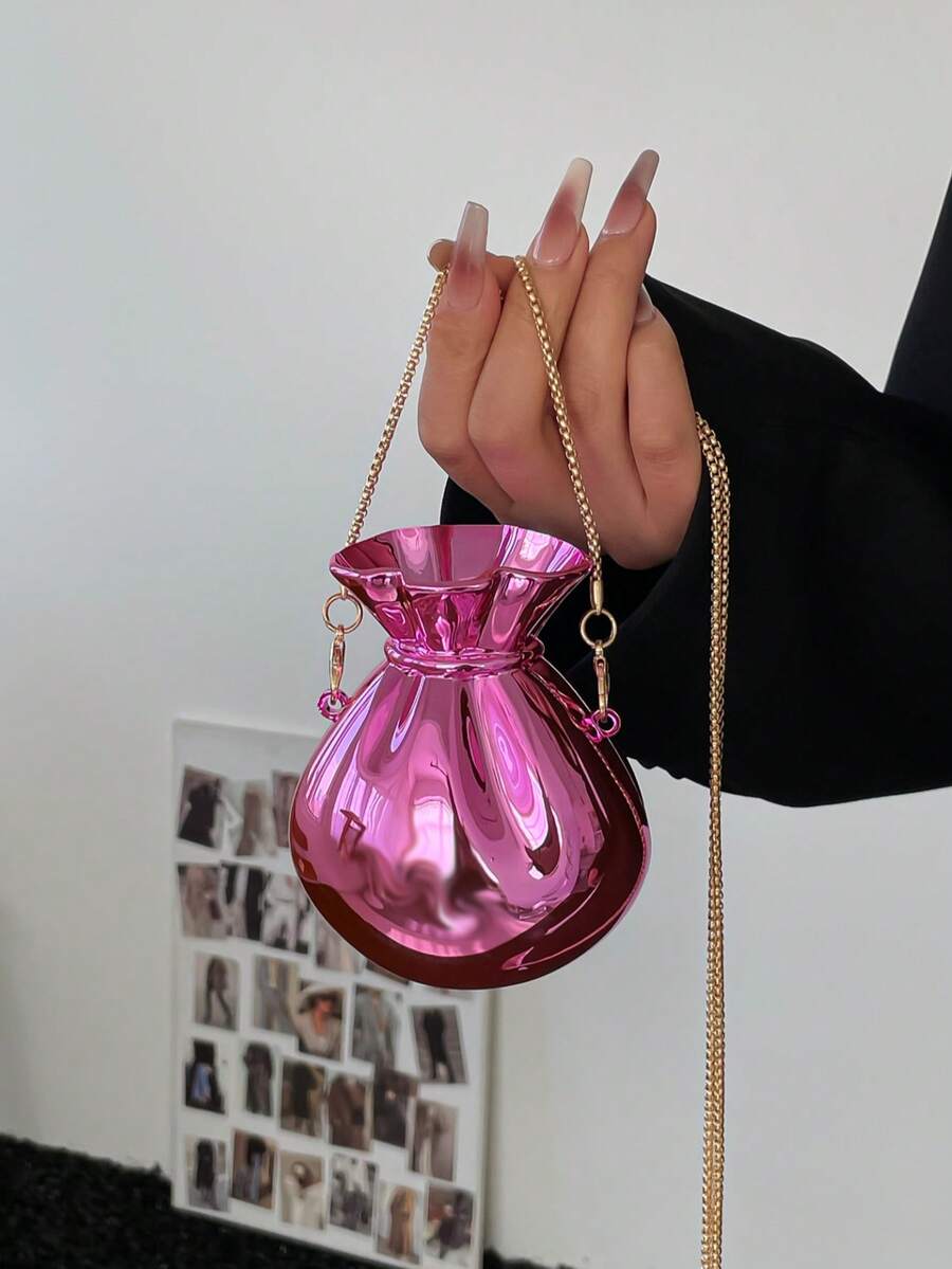 1pc Gold Color Clutch Bag, Women Mini Purse, Vase Shaped Coin Pouch, Gold Wallet, Gold High Heel Decor, Valentine's Day Gift, Earphone Shaped Crossbody Bag, Chain Strap Shoulder Bag, Unique Evening Clutch - 粉色 - 查看 1