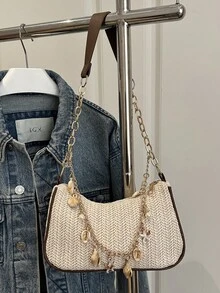 Fashionable Shell Pearl Straw Underarm Bag, Casual Versatile Commuter Bag, Unique High-End Shoulder Bag - White - View 1