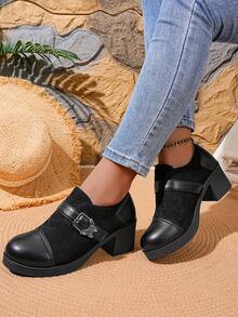 Women's Mid-Heel Slip-On Round Toe Comfortable Fashionable Shoes - Black - View 3