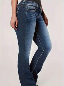 Women's Plus Size High-Waisted Slim-Fit Flared Jeans  Ombre    Zipper  Pocket  Button    Daily  Vacation  School  Holiday  Office  Home    Autumn And Winter  Deep Blue Vintage Wash  Slimming And Butt-Lifting  Retro  Solid Color With Zipper Pocket - 深色水洗藍 - 查看 5