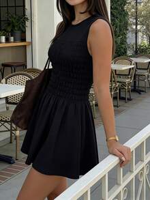 Women's New Spring/Summer Black Sleeveless Round Neck Waist A-Line Mini Dress - Elegant Flowing Party Dress, Made Of Stretchy Fabric, Suitable For Valentine's Date, Celebration Party, Weekend Brunch And Girls Night Out - Black - View 11