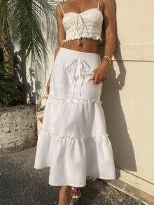Women's Summer High Waist Pleated Layered Ruffle Lace Hem Skirt, Drawstring Ruffle Layered Design, Party Skirt, Bohemian Style Skirt, Lunch Skirt - White - View 5