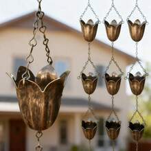 Rain Chain Tulip Design, Antique Copper Finish, Decorative Rain Diverter For Gutters, Japanese-Style Rainwater Chain For Garden, Patio, And Home Exterior - Tulip Rain Chain - View 6