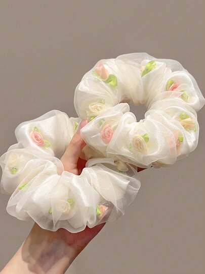 1/2 Pcs Fashion Versatile Spring/Summer Mesh Elegant Flower Scrunchie, Sweet High-End Hair Tie For Ponytail, Suitable For Daily Wear, Vacation, Wedding