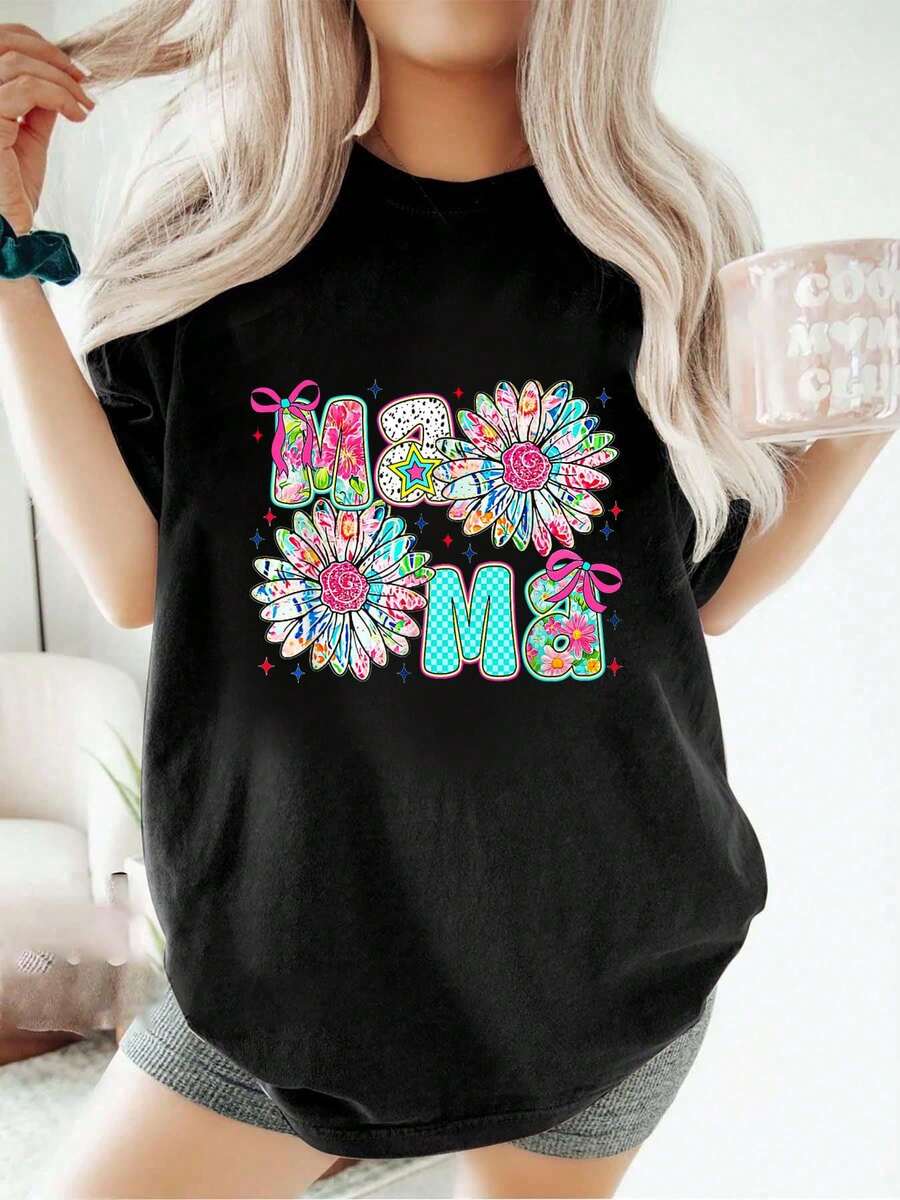 Camiseta con mensaje "Feliz Día de la Madre", camiseta con flores para mamá, holgada, informal, deportiva, de verano, con cuello redondo y manga corta, para mujer - Negro - Ver 1
