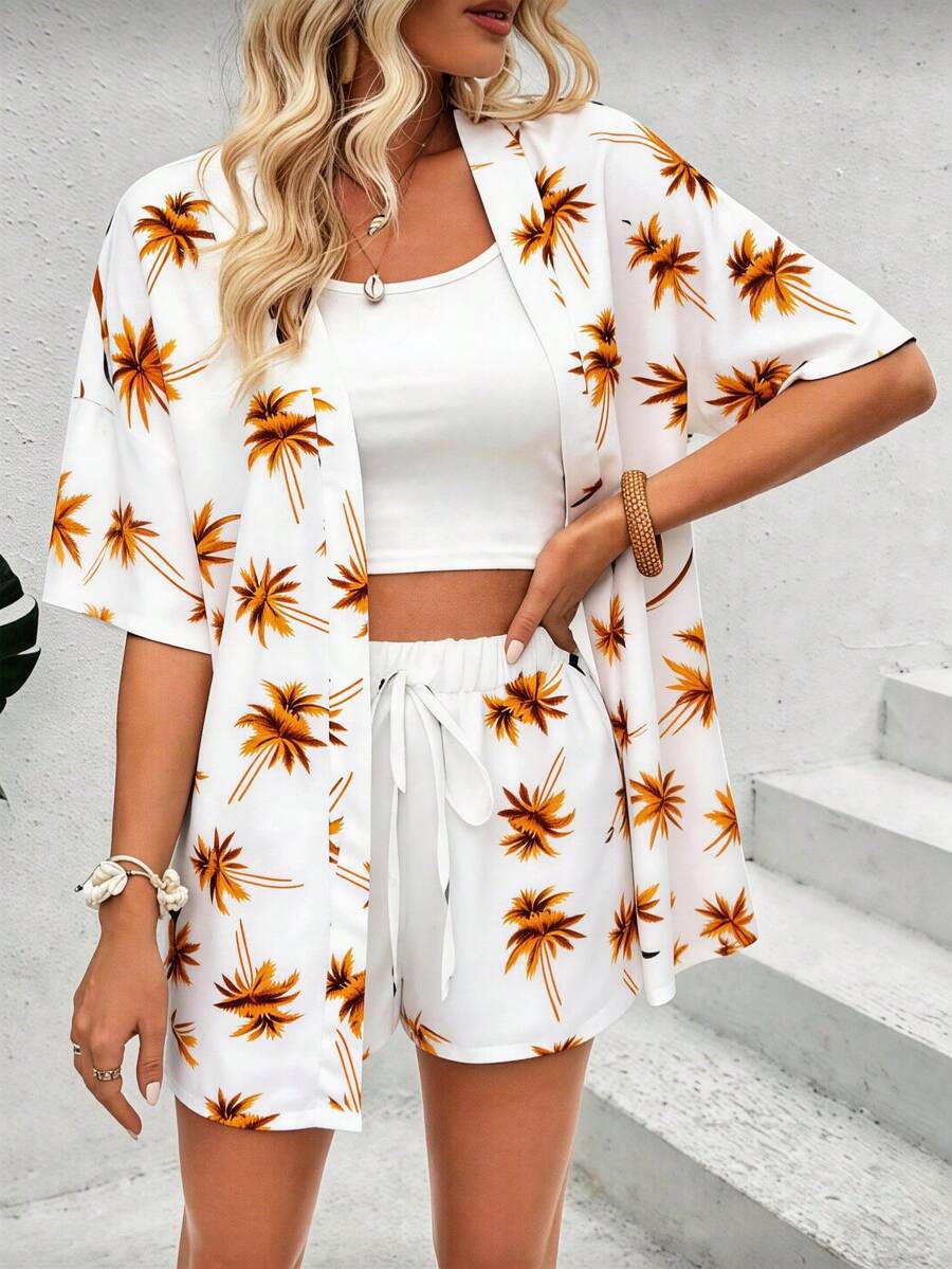 Full Print Off-The-Shoulder Kimonos & Front Tie Shorts M L XL - Màu trắng và nâu cà phê - Xem 1