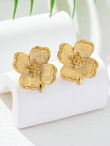 1对金属花朵耳钉，适合所有季节 - 金黃色 - 查看 2