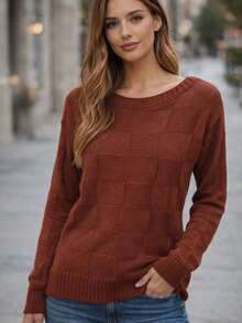 Women's Winter Knit Sweater, Boho Style, Square Knit, Elegant, Simple, Casual, Wool-Like Fabric, Textured Knit, Suitable For Evenings, Holidays, Weddings, Offices, Street Wear, Travel, Brunch, Autumn/Winter. - 紅木色 - 查看 6