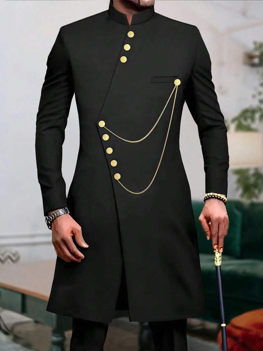 Men's Casual Long-Sleeved Two-Piece Suit, Mid-Length Top And Trousers - 黑色 - 查看 1
