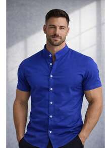 Men's Henley Collar Mandarin Shirt With 3 Buttons, Premium Polo Shirt With Portuguese Collar. - 寶藍色 - 查看 2