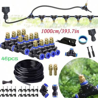 户外喷雾冷却系统套件，采用优质耐用塑料材质，三通直管快插式接头，适用于花园灌溉喷雾器和花园浇水系统。