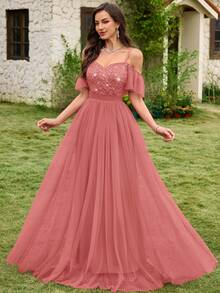 MIUSOL 亮片花卉蕾丝心形领口露肩撞色网纱荷叶边下摆正式派对长裙，优雅派对礼服，舞会礼服，适合婚礼宾客、毕业典礼、正式晚宴等场合。 - 藕粉色 - 查看 4