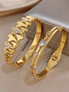 18K Gold Plated Stainless Steel Vintage Romantic Heart-Shaped Diamond Bangle Bracelet Set For Women Ladies, Summer Bohemia Beach Stainless Steel Jewelry, Vacation Season, Gifts For Mom, For Daily Party Dates Gala Wedding Valentine Anniversary Music Festival Christmas, Dates, Easter Day - Multicolor - View 5