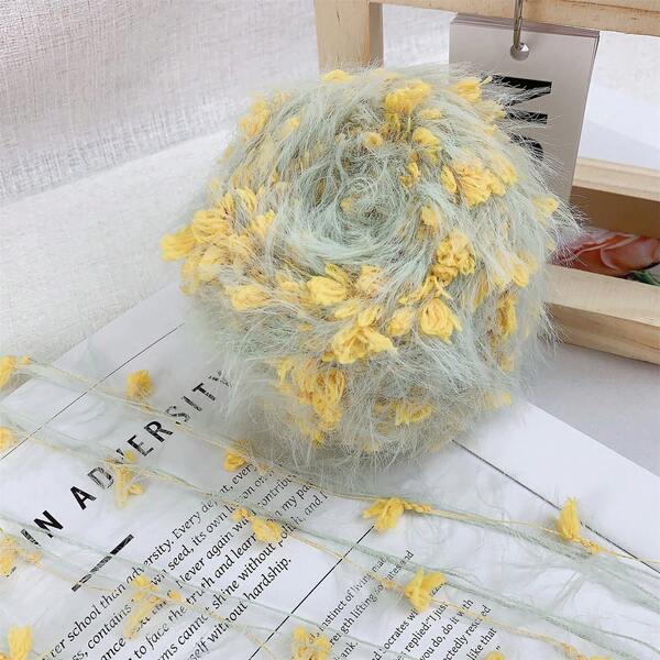 1pc 100g Multicolor Mixed Yarn, Mint Green Long Fluffy Fuzzy Yarn With Yellow Flower Dots, Novelty Yarn Skein, Soft Craft Yarn For Knitting & Crochet, Ideal For DIY Bag Hat Scarf & Handmade Accessories & Craft Projects