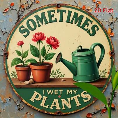 2D平面印刷标牌，1件，19.81x19.81厘米圆形墙面装饰，复古风格“有时我会浇花”——乡村绿米色做旧设计，配有浇水壶和花园图案——是家居、花园、咖啡馆或酒吧装饰的完美礼物，2D平面，预钻孔如图所示