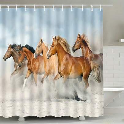 骏马奔腾浴帘 - 沙漠风光设计，六匹骏马，耐用涤纶面料，70.8x70.8 英寸，棕色骏马印花，含挂钩，可机洗，浴室装饰，实用又美观，送给爱马人士的礼物，马主题礼品