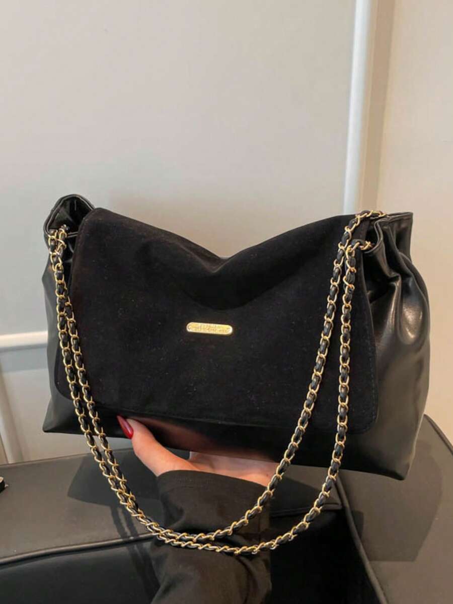 复古大容量链条单肩包，女士翻盖斜挎包，美观的腋下包，适合工作、通勤和约会，非常适合少女和女士 - 黑色 - 查看 1