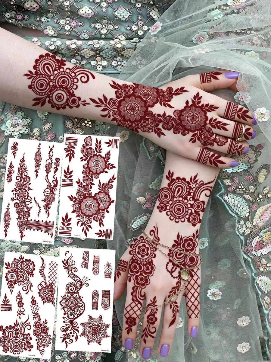 4pcs Brown, Red, Burgundy Sexy Floral Toe & Hand Henna Temporary Tattoo Stickers, Waterproof Flower Tattoo Stickers For Women, Suitable For Wedding, Party