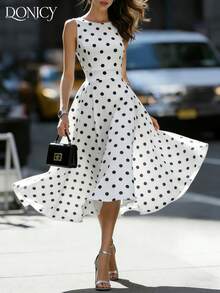 DONICY 女士黑白波点无袖圆领褶皱腰部喇叭中长连衣裙，夏季休闲度假风 - 白色 - 查看 1