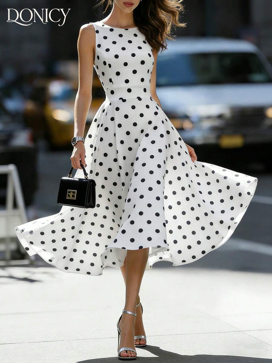 DONICY 女士黑白波点无袖圆领褶皱腰部喇叭中长连衣裙，夏季休闲度假风 - 白色 - 查看 1