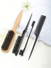 1pc Unisex Boar Bristle Smoothing Back Comb Beard Brush, Tames Frizz And Flyaways, Edge Control Comb, Volumizing Wooden Handle Comb, Detangling Comb, Hairline Control Comb, Slip Comb, Hair Comb, Volumizing Wooden Handle Comb, Edge Control Comb, Plastic Hair Comb, Creates Smooth Ponytail And Bun - With Wide Pointed Tail Back Comb And Detangling Comb, Convenient For Parting, Styling, Polishing And Smoothing Hair, Creates Smooth Frizz-Free Hairstyle, Suitable For Men And Women, Recommended As Christmas Gift - Multicolor - View 2