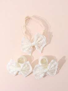 1pc Baby Solid Color Bow Headband + 1 Pair Anti-Slip Floor Socks Toddler Boat Socks - White - View 4