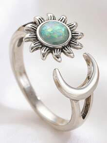 1pc Minimalist Vintage Sun & Moon Copper Open Ring, Women's Ring, Suitable For Daily, Party, Holiday Wear, Jewelry Accessory - Silver - View 1