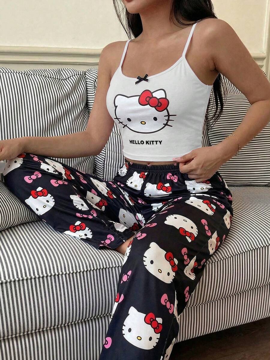 SANRIO 2件組女款可愛印花舒適吊帶背心+長褲套裝,吊帶背心適合春、夏、秋季穿著 - 白色 - 查看 1