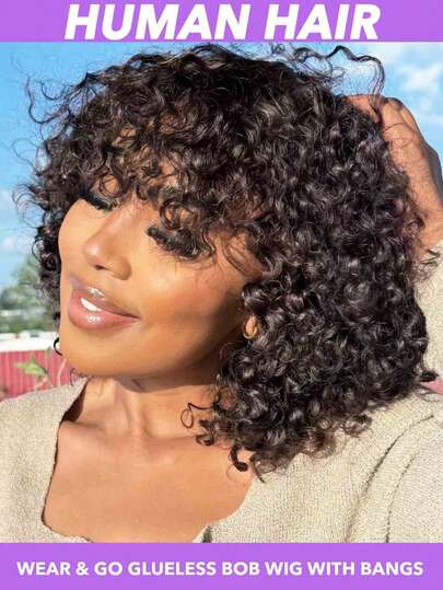 Short Curly Wave Human Hair Wig - 12 Inch Kinky Curly Bob Wig With Bangs For Women,Glueless Wear And Go, Full Machine Human Hair Short Bob Wigs, 150% Density, Soft And Lightweight, Natural Black, Full And Voluminous,Breathable And Comfortable ,Natural Black(8 10 12 14 16 Inch)
