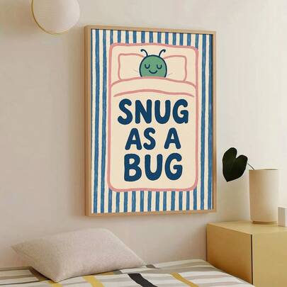 1pc Framed/Unframed Snug As A Bug Nursery Canvas Poster Cute Insect Blue Pink Striped Bedtime Nursery Quote Wall Art Print Baby Kids Room Decor Painting For Children Room,Playroom,Bedroom,Modern Home Decoration