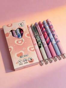 6pcs Set Soft Orange Knot Series Stationery Pens For Girls, Including 1 Retractable Pen, 1 Fresh Gentle Ballpoint Pen, 1 Minimalist Girly Retractable Pen, 1 Black Exam Pen, 1 Fountain Pen - Heart-shaped Ballpoint Pen - View 2