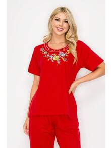 Women Short Sleeves Embroidered Cotton Blend Lounge Wear  Sets - 新紅 - 查看 2